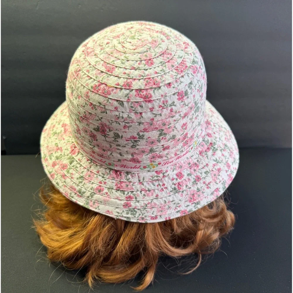 SeaWorld Floral Sun Hat Adult OS Pink White Braided 100% Cotton Wide Brim Beach